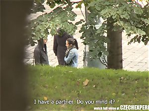 bitchy Czech girl throating strangers jizz-shotgun in public